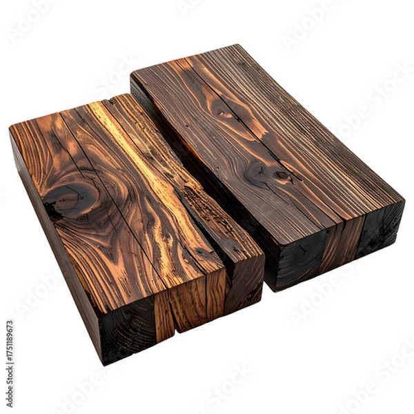 Obraz Two charred, rectangular wood blocks with rich grain, angled for viewing