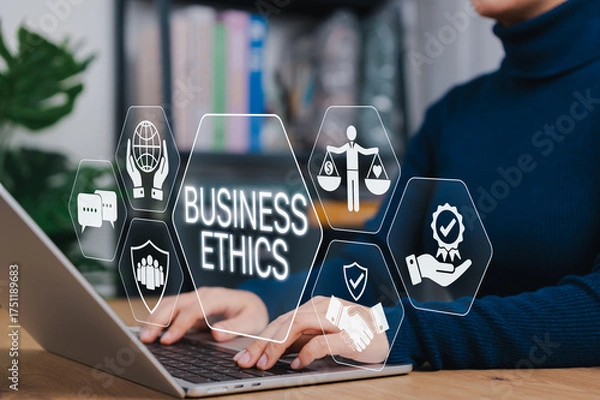 Fototapeta Business ethics concept. Person using laptop with digital icons of trust, balance, responsibility, representing corporate integrity, transparency and moral principles in modern business. core values,
