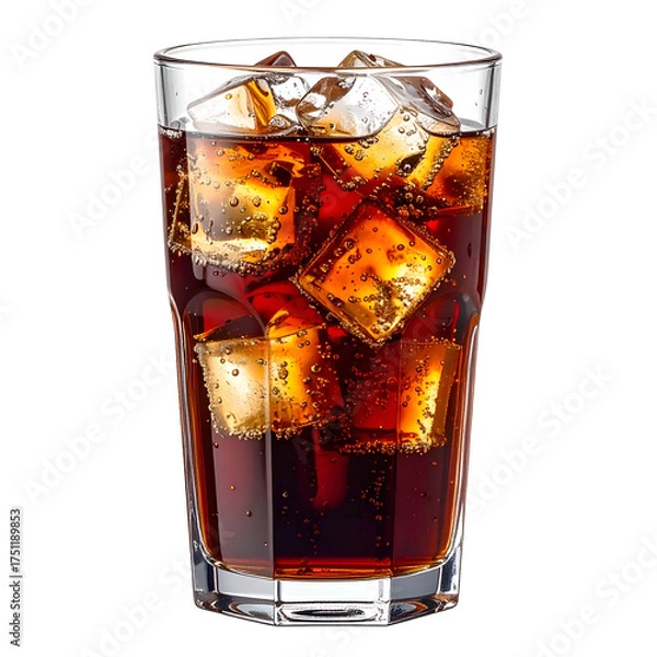 Obraz A tall glass filled with dark, bubbly beverage and glistening ice cubes, against a black background