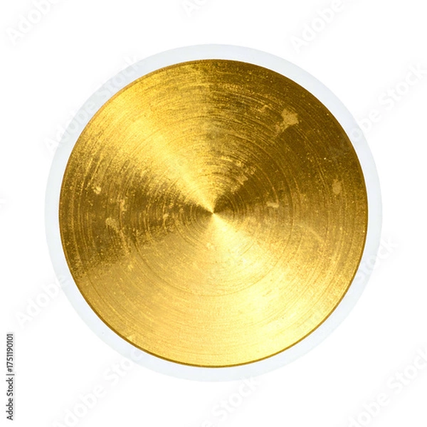Obraz Circular object with gold metallic surface, white border, isolated on black background