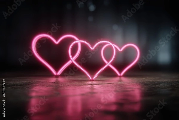 Fototapeta A vibrant and eye-catching neon background featuring two glowing hearts in the dark, surrounded by pink neon shapes. Perfect for expressing love or for a unique Black Friday promotion.