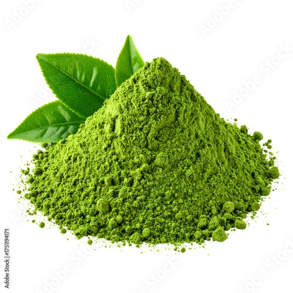 Obraz Heap of fine, bright green powder with three vibrant green leaves