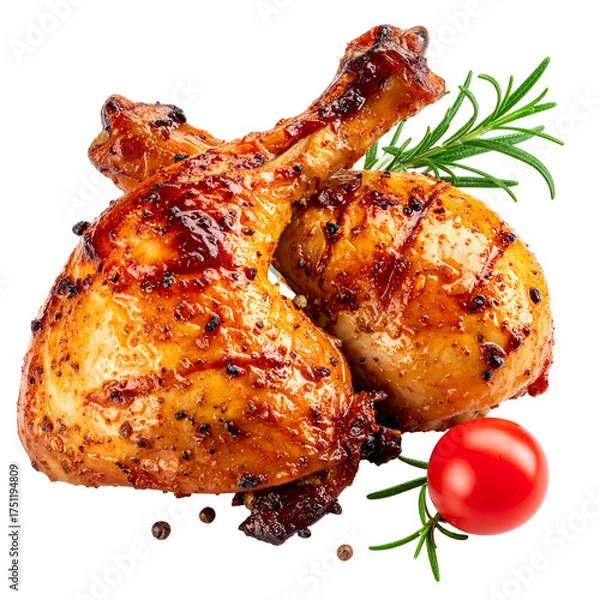 Obraz Juicy, golden-brown roasted chicken drumsticks, garnished with herbs and a tomato