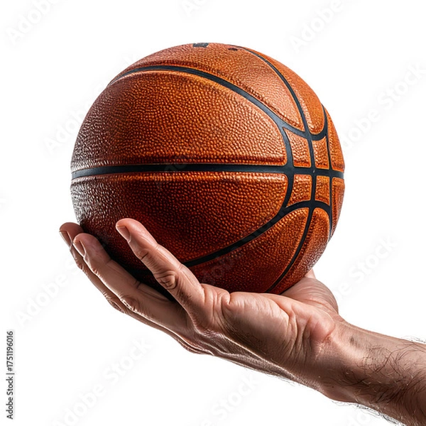 Obraz A hand holds a brown basketball against a black backdrop, well-lit with shadow