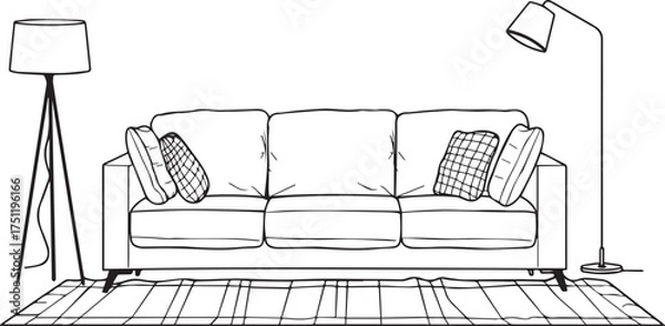 Fototapeta simple line drawing of a scandinavian-style sofa, carpet, and floor lamp in a living room, vector illustration, simple lines, no shading