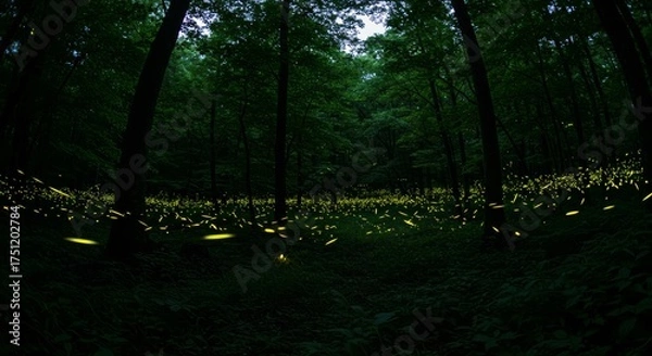 Fototapeta A scattering of glowing fireflies illuminating a dark forest setting. The tiny lights create a magical, serene, and enchanting nighttime atmosphere.