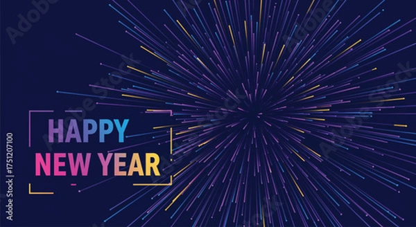 Fototapeta A illustration showcases a vibrant burst of colorful light streaks against a dark blue background, perfect for celebrating the arrival of the New Year with festive cheer.