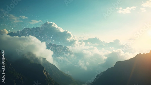 Fototapeta Realistic 8K photograph of soft floating cloud shapes over a mountain landscape with subtle data connection overlays. The cinematic composition and ample sky copyspace make it ideal for illustrating c