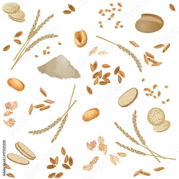 Obraz Seamless pattern with spelt foodstuff / There are spelt flour, ears, grains, flakes, buns, bread, grits, pasta and waffles
