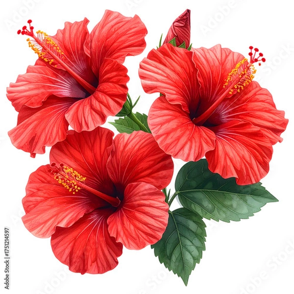 Obraz A cluster of vibrant red hibiscus flowers with yellow stamens and green leaves