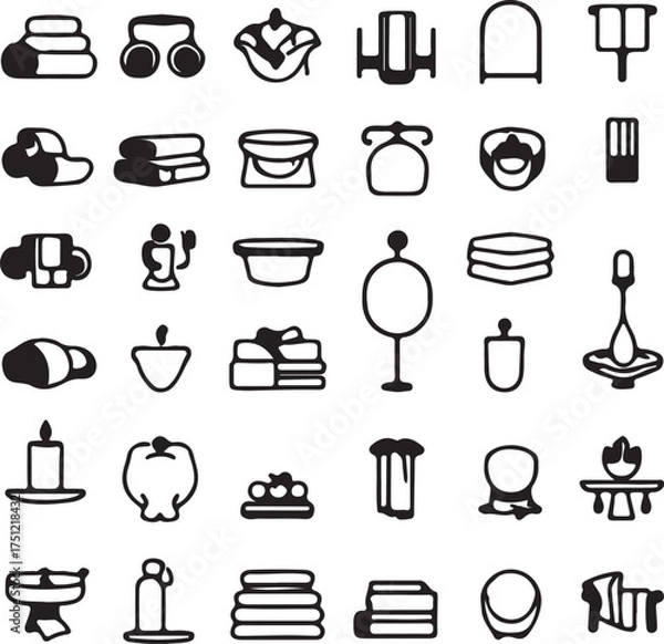 Fototapeta Kitchen icons set features food and drink symbols like coffee, tea, wine, and pizza, with cooking utensils such as a pan, spoon, pot, and knife as vector illustrations