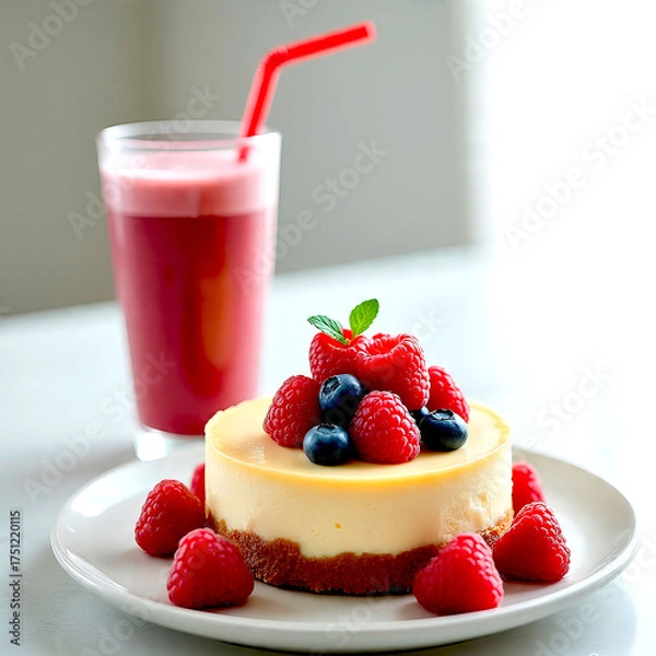 Fototapeta raspberry and blueberry cheesecake, with protein shake