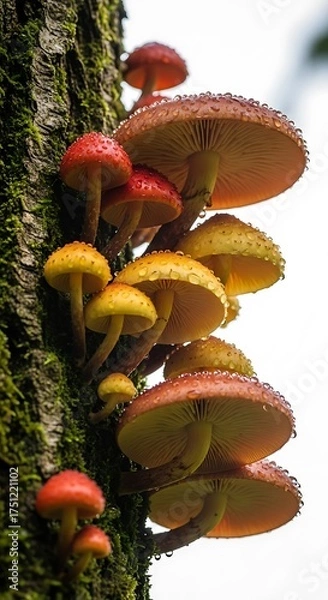 Fototapeta Cluster of Mushrooms Growing on a Tree Trunk in a Forest.