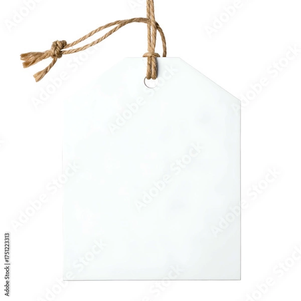 Fototapeta Blank white tag, hanging by twine, isolated on black. Simple and ready for writing