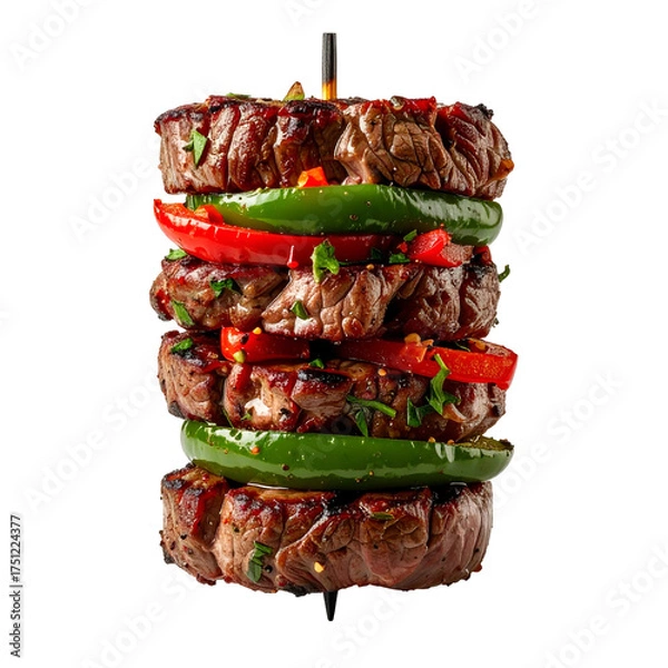 Obraz Tower of grilled steak and peppers, stacked high on a skewer against a black backdrop