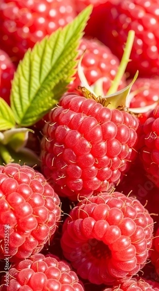 Fototapeta Close-up of Fresh, Ripe Raspberries with Green Leaf.