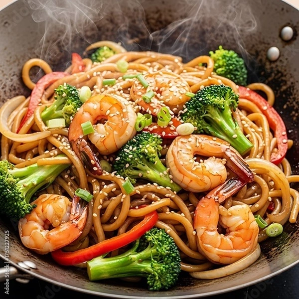 Fototapeta Shrimp Stir-Fry with Noodles and Broccoli in Wok.