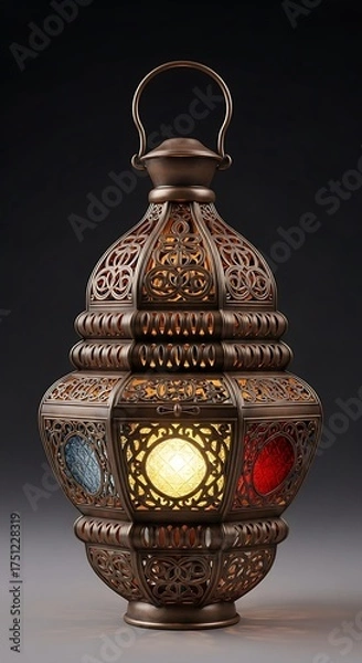 Fototapeta Ornate Moroccan Lantern with Colored Glass Panels and Intricate Metalwork.