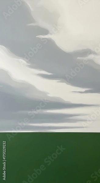 Fototapeta Minimalist Landscape - Green Field Under a Cloudy Sky.