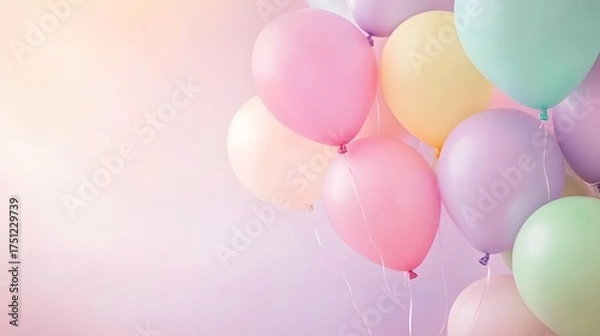 Fototapeta Pastel balloons float against a soft, ethereal background.