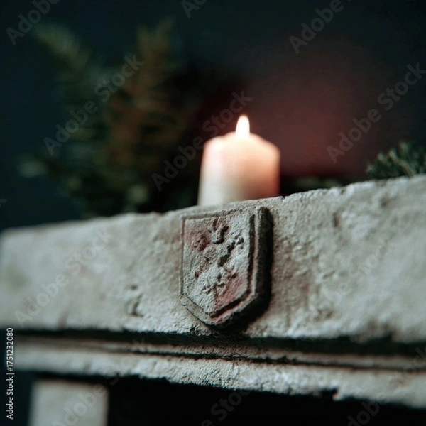 Fototapeta Candlelight on Rustic Stone Surface with Ferns and Shield Emblem