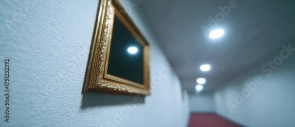 Fototapeta Dimly Lit Hallway with Decorative Frame and Soft Lighting Effects