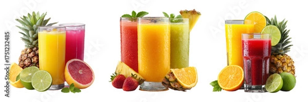 Fototapeta Set of Assorted fruit juices in clear glasses, colorful variety on transparent png background. Ai generated
