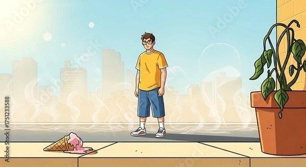 Fototapeta Boys Disappointment - Dropped Ice Cream and a Withered Plant.