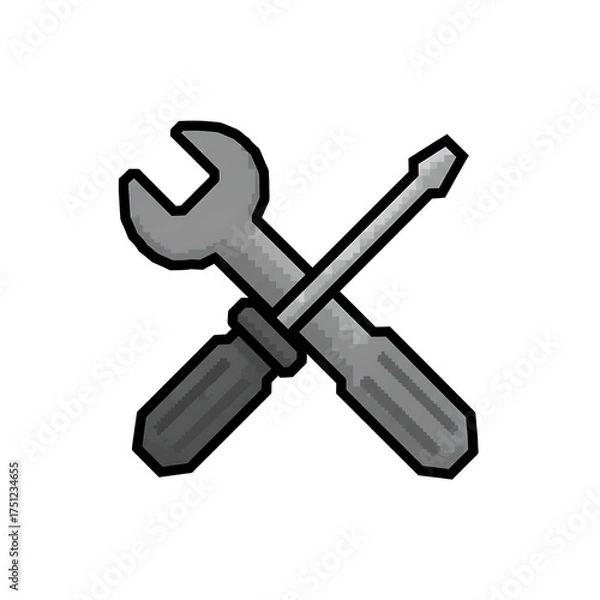 Fototapeta A pixel art illustration of a cross-tool icon, consisting of a gray wrench and a screwdriver with a handle and a shaft. The icon has an 8-bit or 16-bit gaming style and is on a white background.