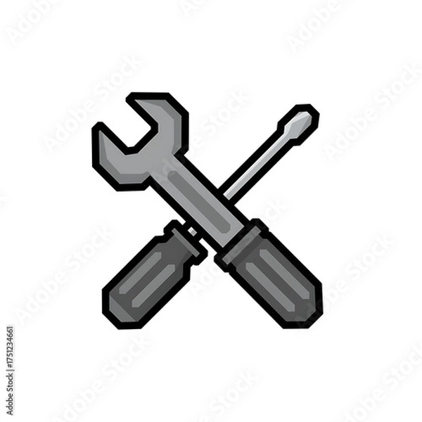 Fototapeta A pixel art illustration of a cross-tool icon, consisting of a gray wrench and a screwdriver with a handle and a shaft. The icon has an 8-bit or 16-bit gaming style and is on a white background.