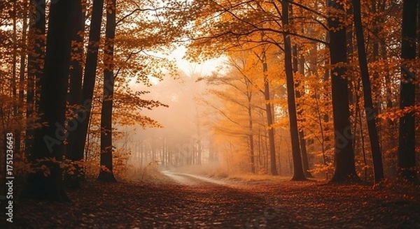Fototapeta Autumnal Forest Path - A Serene Walk Through Golden Woods.