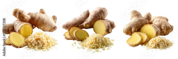 Fototapeta Set of Sliced ginger with green leaves, minimalistic composition on transparent png background. Ai generated