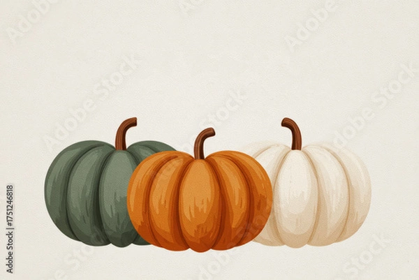 Obraz Three pumpkins in earthy autumn colors on textured beige background with copy space, minimal seasonal illustration for Thanksgiving, fall decor, banner, template, greeting card, rustic holiday design