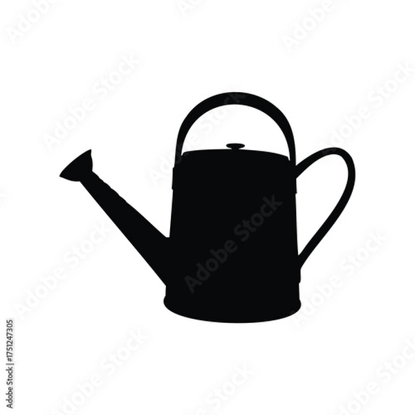 Fototapeta Silhouette of a black metal watering can for gardening on white backdrop, watering can silhouette vector illustration