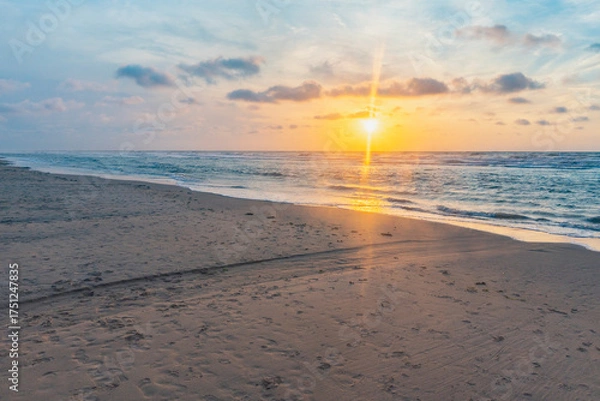 Fototapeta Sunset over stormy North Sea beach with reed grass bushes, orange-red sky over the dark blue ocean, panorama with sandy beach and blowing grass in the wind, storm at sunset over wavy water