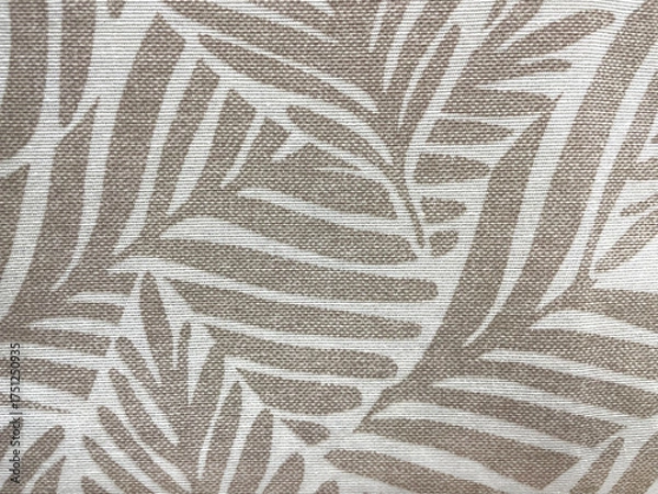 Obraz Beige and white fabric texture with tropical palm leaf pattern. Close-up of textile surface with natural woven structure, modern botanical design background for interior or fashion use.