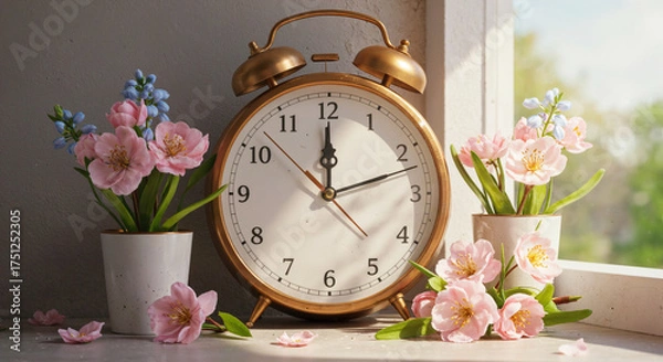 Obraz Vintage alarm clock surrounded by beautiful pink flowers in a bright indoor setting