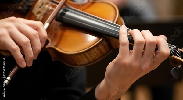 Fototapeta Violinists Hands - Focused Performance on a Classical Instrument.