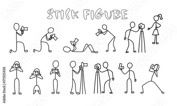 Obraz Ustaw fotografa stick figure. Prosty czarny piktogram profesjonalny kamerzysta