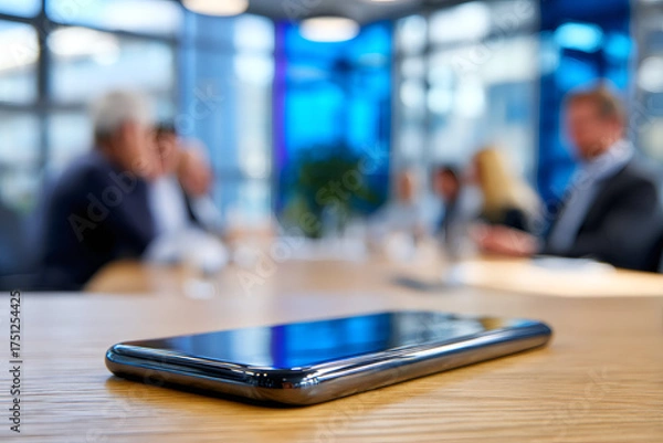 Obraz A smartphone on a wooden table during a business meeting. Close-up with blurred people in a modern office conference room. Corporate technology concept.