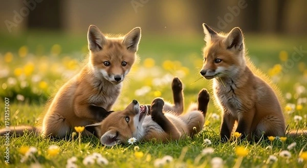 Fototapeta Fox Kits Play in a Meadow of Wildflowers.