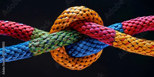 Fototapeta Colorful intertwined ropes forming knot on black backdrop representing corporate connection, partnership, strength, and teamwork diversity theme