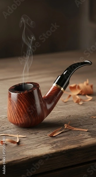 Fototapeta Elegant Smoking Pipe on Wooden Surface with Rising Smoke.