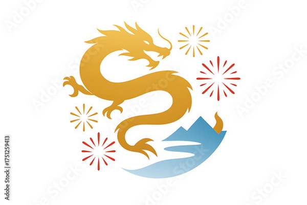 Fototapeta Golden chinese dragon with fireworks and mountain symbol celebrating asian new year isolated on transparent background