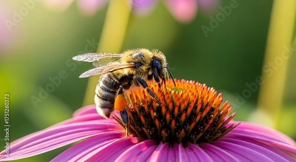 Fototapeta Honeybee on Echinacea Flower - A Close-Up of Pollination.