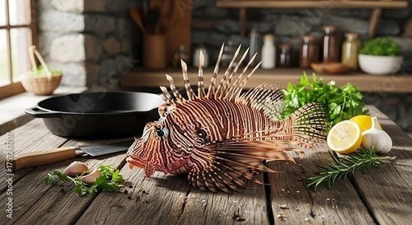 Fototapeta Lionfish Preparation - A Culinary Still Life with Fresh Ingredients.