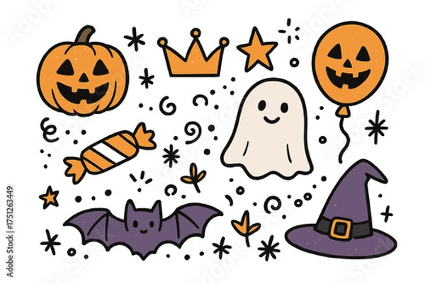Obraz Halloween Doodle Icons. Halloween festival doodle icon set: hand drawn icons of jack-o-lantern with smile, ghost, crown, star,