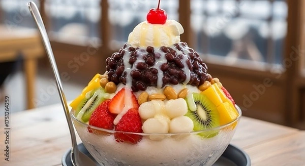 Fototapeta Delicious Bingsu Dessert with Fruit and Red Bean Topping.