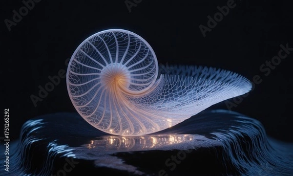 Fototapeta A luminous, intricate spiral structure sits atop a reflective, dark surface