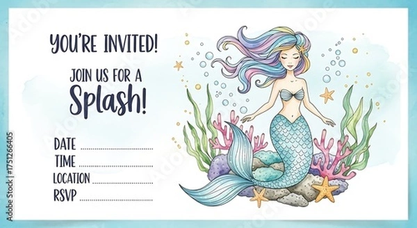 Fototapeta Mermaid Splash Invitation - A whimsical invitation for a fun mermaid-themed party.